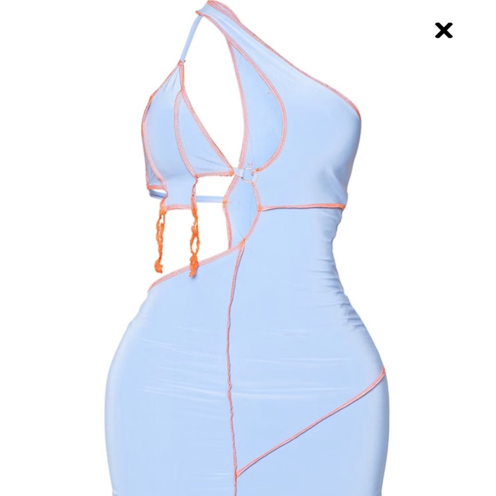 PLT Shape Blue Slinky Overlock Ring Detail Cut Out Bodycon Dress - New, w/ tags